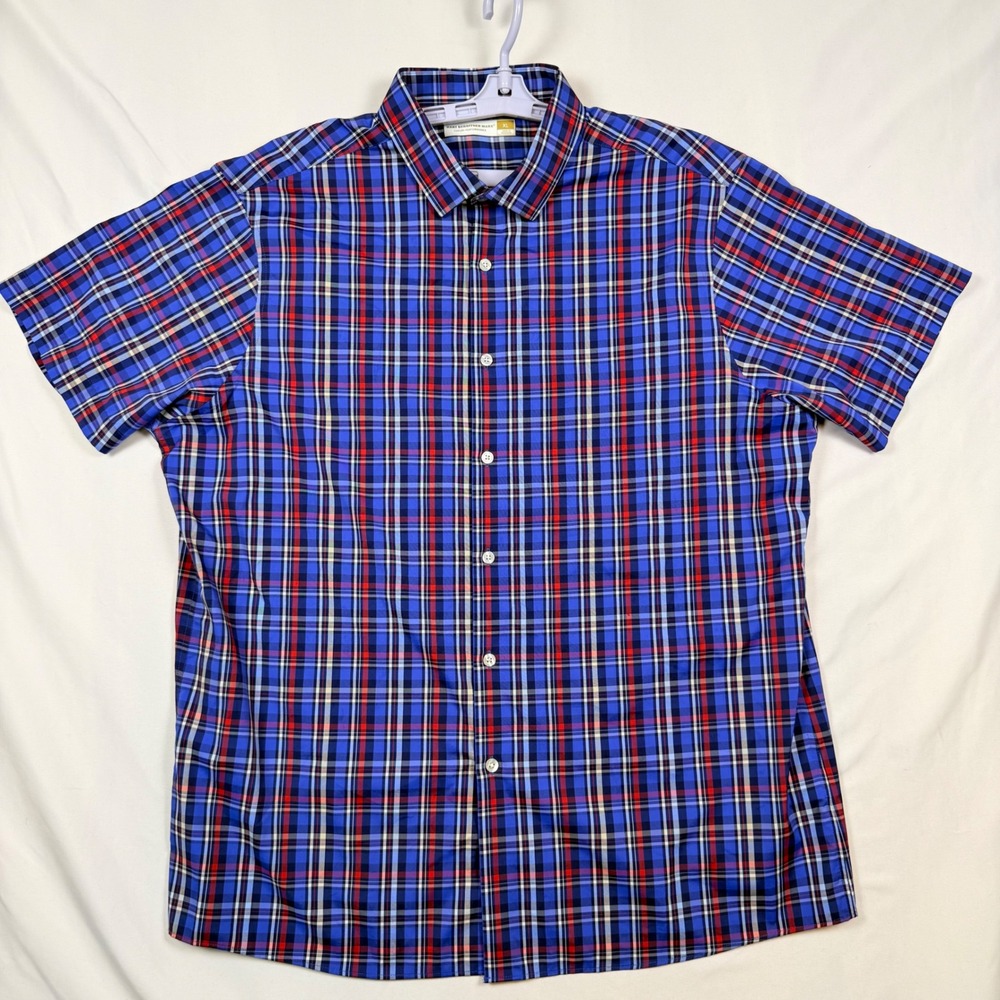 Hart Schaffner Marx Luxury Performance Mens XL Blue Plaid Short Sleeve Shirt
